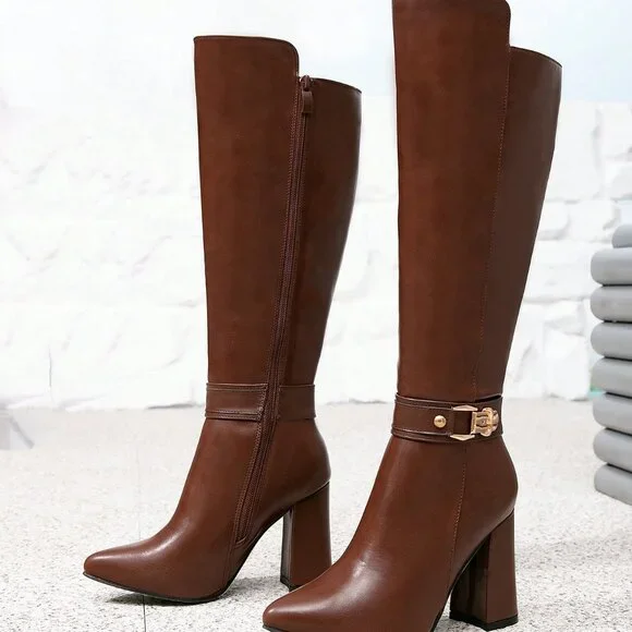 Brown Sexy Pointed Toe Chunky Heel Women's Dress Boots - Picture 3 of 7